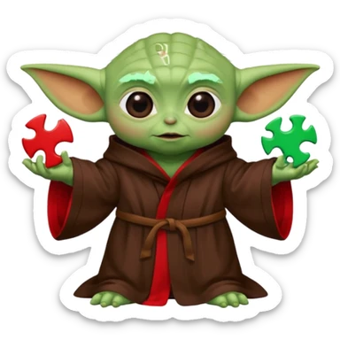 Baby Yoda con su tunica clasica chocolate sosteniendo una pieza de rompecabeza color rojo que diga Valores sticker