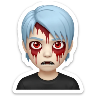 Create a 3D emoji-style avatar with very pale blue-grey zombie skin like the reference image, a young Asian face, and large eyes with blood tears. Give it white mullet-style hair, silver hoop earrings, and a plain black T-shirt. The face expression should be slightly angry, wwhite vampire teeth sticker
