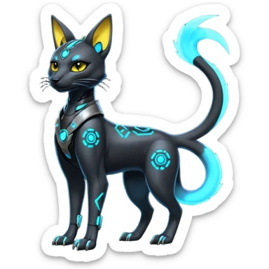 Futuristic Glowing shiny bioluminescent translucent dark cool handsome badass cyberpunk-cyborg-Bastet-Umbreon-Salandit-fusion (full body) sticker