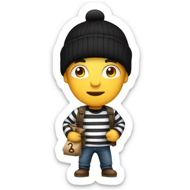 robber wearing criminal striped shirt, a black beanie, holding a money sack. sticker