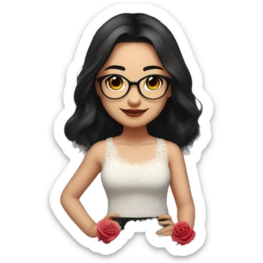 Asian girl, smiling with teeth and dimples on the cheeks, fair skin, black long hair, black eyes, black glasses with gold frames, red lipstick, wearing a white lace tank top and a black office jacket on top, with pink and red roses around her, chibi. sticker