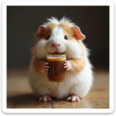 a fluffy guinea pig holding a cup of boba, realistic lighting and textures, photorealistic style sticker