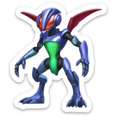 a shiny metallic Genesect-Flygon-Raptor-Fakémon-Medabot-hybrid with a futuristic visor-helmet full body sticker