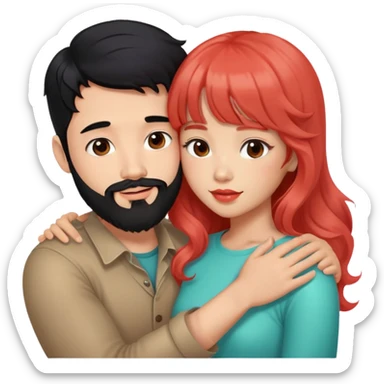 handsome mixed white asian man with black hair and beard, hugging cute tan skin girl with long wavy reddish brown hair with bangs and coral lipstick sticker
