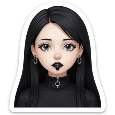 goth girl, straight long black hair, vertical labret lip piercing, black mock neck shirt sticker
