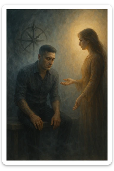 Uomo tra i 35 e i 45 anni seduto su una panchina o in una stanza tranquilla, sguardo rilassato ma spento, come sollevato nel mentale ma svuotato nello spirito. Davanti a lui una donna lo guarda con dolcezza, mano tesa come per offrire una soluzione. L’ambiente attorno all’uomo è grigio-bluastro, con la sua aura maschile che si dissolve leggermente, mentre intorno alla donna una luce calda e stabile. Sullo sfondo, un simbolo spezzato di bussola o direzione, a indicare la perdita di leadership interiore. Atmosfera riflessiva, stile realistico con simbolismi delicati sticker