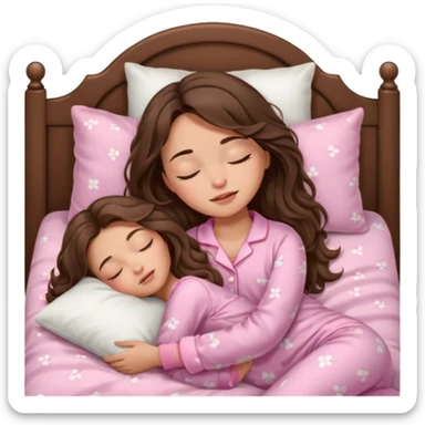 Brunette girl with long wavy brown hair with brown eyes and sleeping on a withe bed with cute pink pjs (just one girl) and with closed eyes sticker