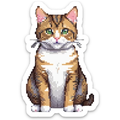 Cute tabby cat with white stomach, pixelated style, sitting to show white belly sticker