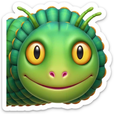 Cinematic Noble Caterpillar Portrait Emoji, Poised and vibrant, with a segmented, gently curving body adorned in bright, lively hues and delicate, inquisitive eyes, Simplified yet charmingly detailed features, highly detailed, glowing with a soft, verdant radiance, high shine, intelligent and resilient, stylized with an air of natural transformation, focused and curious, soft glowing outline, capturing the essence of a watchful caterpillar that appears ready to inch out of the screen with gentle determination! sticker