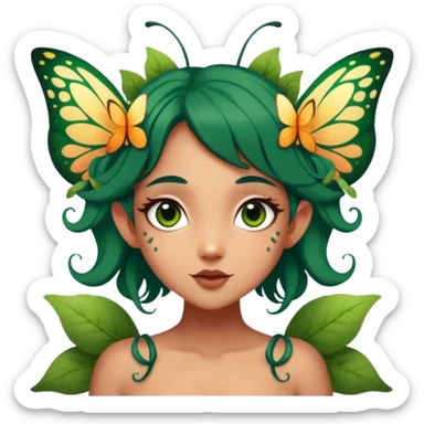 Cinematic Realistic Forest Fairy Portrait, head tilted playfully and inquisitively, showcasing a nature-inspired form with intricately detailed, sunlit tanned skin and cascading dark green hair interlaced with leaves and blossoms showing her large butterfly wings from her back. Her bright, curious eyes sparkle with forest mischief, rendered with lifelike clarity and warm, dappled lighting that captures the spirit of an enchanting woodland fairy ready to dance among the trees. sticker