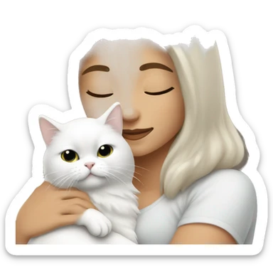 Brunette woman snuggling white Persian cat sticker