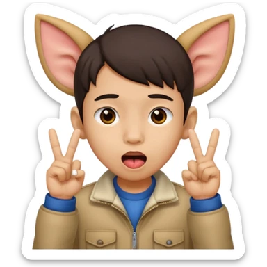 a boy with asian eyes holding his ears with 2 fingers and with his tongue out sticker