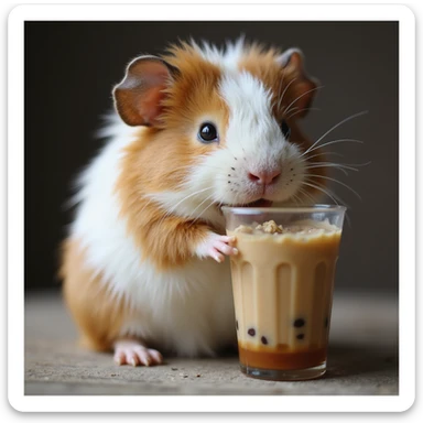 a realistic guinea pig enjoying boba tea, detailed fur, natural colors, photorealistic style sticker