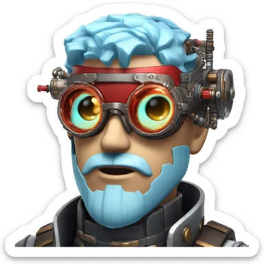  Short light blue haired male cyborg head with light blue beard, red steampunk goggles and circuits sticker