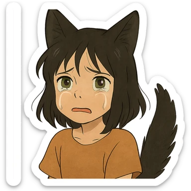 A girl with tears, black fox ears, and a tail, green eyes, dark hair sticker