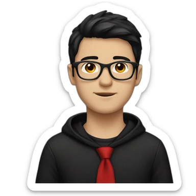 White boy wearing glasses in a black hoodies with black hair with brown eye with black shirt and red tie sticker