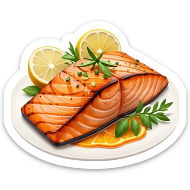 Cinematic perfectly grilled salmon, rich orange hues with crispy skin, garnished with fresh herbs, drizzled with lemon, ultra-detailed and delicious. sticker