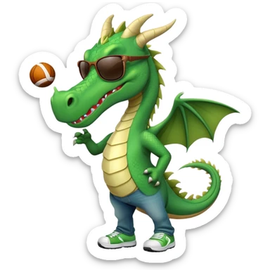 friendly anthropomorphised green dragon in a sports t-shirt and jeans with dark sunglasses walking upright, relaxed pose sticker