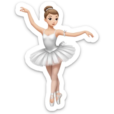A ballerina dancing with point shoes and in a white tutu with a ribbon on her waist, she has a slick bun and a great posture sticker