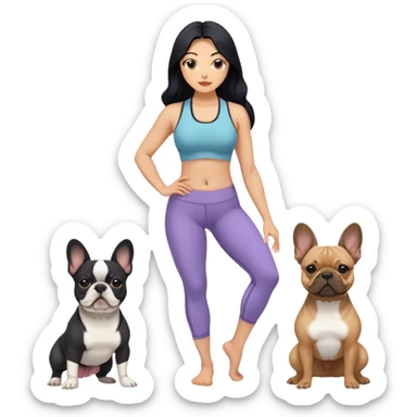 latin woman in a yoga outfit with long black hair standing alongside two French bulldogs 
 sticker