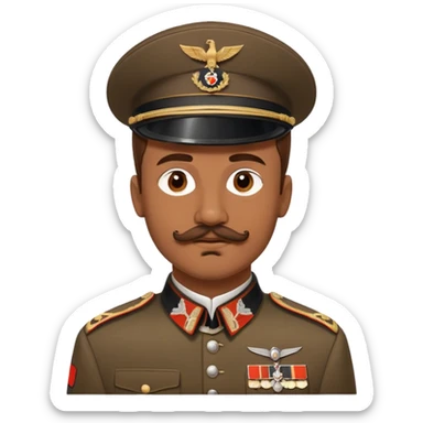 A 25 year old man with brown buzz cutter hair and a brown mustache whos slightly heavy in weight but not too heavy and he’s wearing a historically accurate 1941 German war uniform sticker