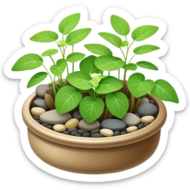 Small dish garden with Plectranthus Verticillatus sprouts having perfectly circular coin-shaped leaves arranged with small rocks sticker