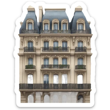 “Haussmannian building with ornate stone facade, wrought-iron balconies, tall arched windows, and mansard roof in classic Parisian style” sticker