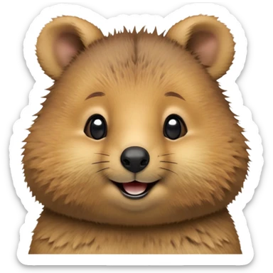 cinematic-realistic quokka-emoji,-small-round-frame, head tilted in an endearing manner, comical smile, round cheeks, giant-fluffy-cheeks-large-smile-fluffy-brown-fur-radiating-a-warm-softness,-big-round-eyes-filled-with-joy, realisticround  fluffy zoomed in, large black eyes sticker