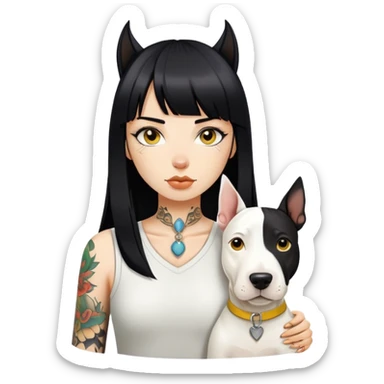 girl with long black  straight bangs hair and tatoo a Springer dog  and yellow bull terrier sticker