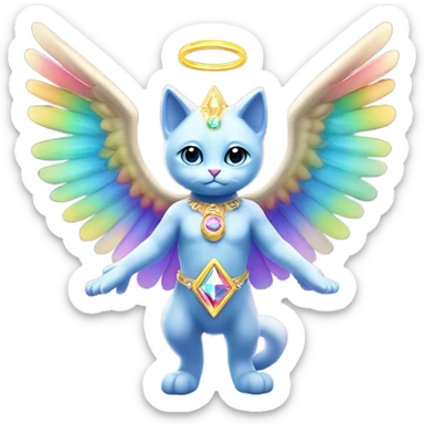 Transcendent Heavenly Rainbow 4d Diamond ultra mega surpream Omni-Cat God with wings and a ring around its body and another ring above it’s head full body sticker