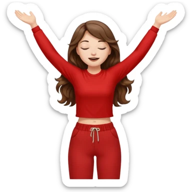 crie uma menina branca com cabelos castanhos longos ondulados, uma roupa de calça e blusa de manga curta na cor vermelho, com braços juntos para cima, olhos fechados e perna levantada sticker