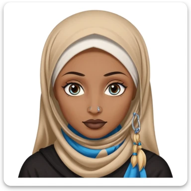 white girl with long blonde hair, blue eyes, tattoos, a septum nose piercing, and a dark skinned woman in a hijab with brown eyes sticker