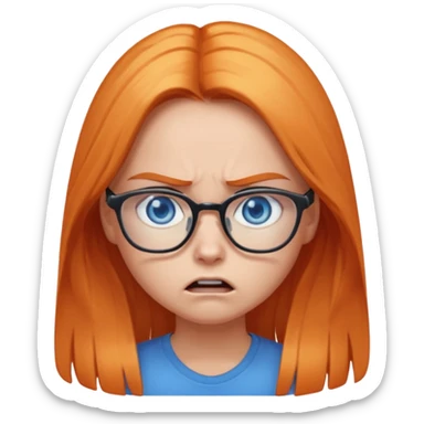 a girl with blue eyes, glasses and light orange long hair angry sticker