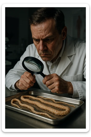 A middle-aged male kinesiologist wearing a pristine white lab coat, intensely analyzing long, beige tapeworms (like Taenia) under a magnifying glass. His expression is focused and slightly concerned, with dramatic studio lighting casting sharp shadows. The parasites are highly detailed, moist, and textured, stretched across a sterile metal tray. The background is blurred but suggests a clinical environment—hints of a microscope, medical charts, and clean lab equipment. The style is hyper-realistic, with a cinematic contrast between the bright white coat and the grotesque, organic forms of the parasites. No sci-fi elements, just raw medical realism with a disturbing edge sticker