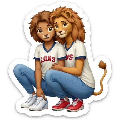 confident anthropomorphised female lion wearing a baseball shirt, jeans, and trainers, crouched on her hunches, comforting another character sticker