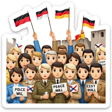 people holding protest signs, Berlin Wall in the background, peace dove, East and West Germany flags, 1950s and 60s sticker