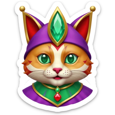 crazy colorful cute little cat jolly joker from poker, medieval, vintage, court jester, mac os icon, purple, gold and red color, half body, emerald green ice eyes. Squared shape as 3D mac os icon, symmetrical sticker
