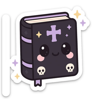 kawaii style magical gothic book, adorable face, black cover with purple accents, floating with sparkles, tiny skull motif, mysterious and cute sticker
