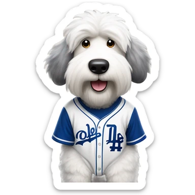 Old English Sheepdog full height wearing a Los Angeles dodgers baseball jersey sticker