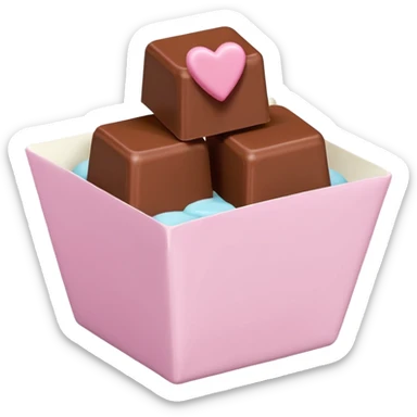 Two square milk chocolate , Each praline is a sharp-edged cube with smooth glossy chocolate coating, placed in a small white fluted paper candy cup. On top of each cube is a flat pastel pink heart-shaped icing sticker