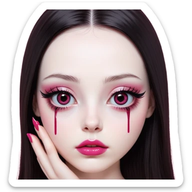 girl with white skin, dark brown long realistic straight hair with middle part prominently falling in front of her body over her shoulders, lips with reddish-pink shiny lip gloss and absolutely no cupid's bow, big round eyes with very black shiny eyeballs and natural long eyelashes, absolutely no eye makeup, no eyeshadow, no eyeliner, completely bare eyes, light pink blush on cheeks, lighter button nose, exceptionally elongated very long oval-shaped face, wearing a pink off-shoulder top, looking directly at camera with hands down at sides sticker