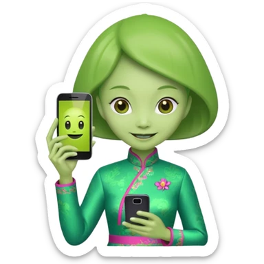 alien with chinese custome dress and smartphone sticker