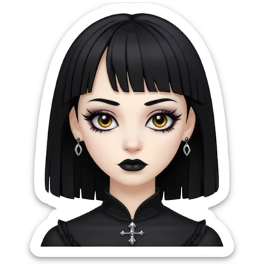 Faça uma moça de cabelo preto e micro franja pálida e com maquiagem gótica pesada olhos castanhos escuro  sticker