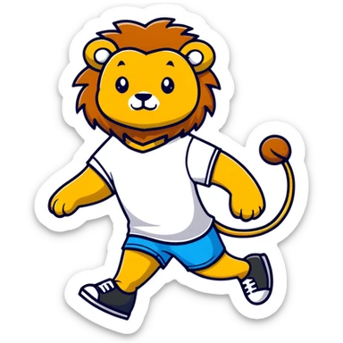 retro 1950s anthropomorphised lion in a t-shirt and shorts, walking sticker