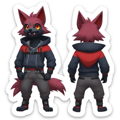 Cool Edgy Zorua-Zoroark-Mightyena with a collar and hoodie-sweater and harness on, full body sticker