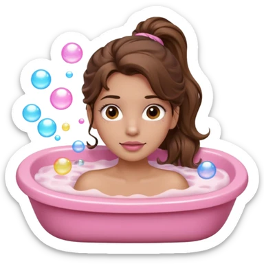 girl with wavy long ponytail brown hair, brown eyes, light to medium complexion, long lashes, light pink lipstick, wearing light pink shirt, laying in a bathtub with bubbles sticker