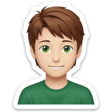 the face of an Anime teen boy with brown hair, green eyes, looking smiling slightly sideways positioned. Face must be main filling of the emoji.  128px sticker
