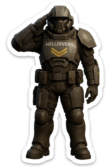 Change the armor to look exactly like a Helldiver from Helldivers 2, with accurate sci-fi details, helmet, and colors, keeping the sharp military salute, no background. The design should be faithful to the Helldivers 2 game armor style with precise details and color scheme. sticker
