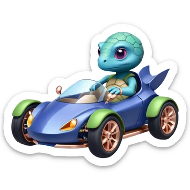 dark crystal blueberry and rosegold-accented cyber faceted-body electric racing car driven by a small cute alien relaxed turtle with rear spoiler, roll bar, and wheely bar sticker