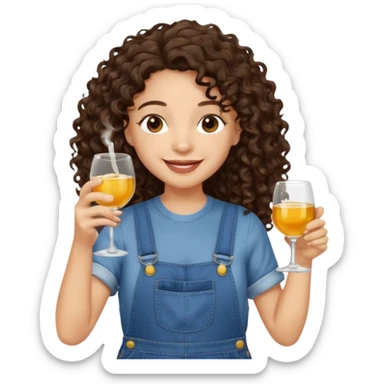 Curly haired curl with long dark brown hair and light skin in overalls toasting with alcohol  sticker